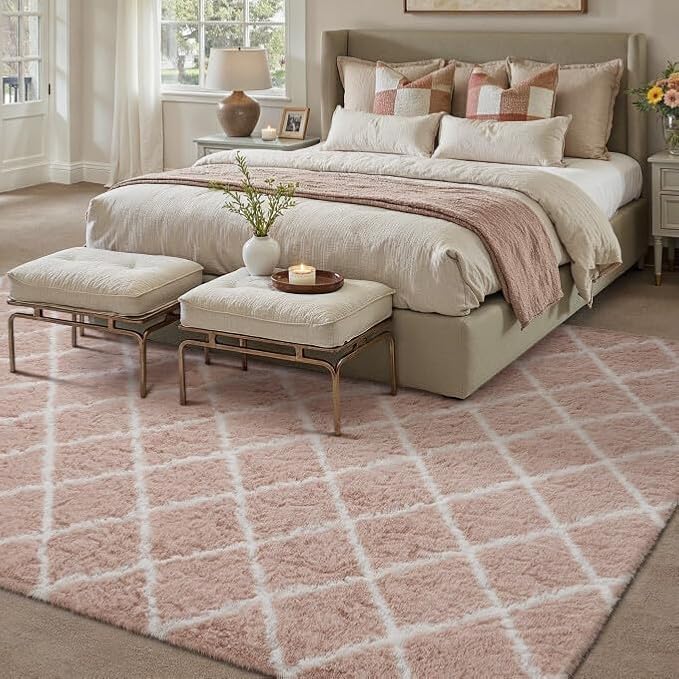 PureCozy 5x7 Checkered Rug for Living Room Pink and White Modern Soft Area Rug Fluffy Non-Slip Carpet for Bedroom Playroom Home Aesthetic Decor