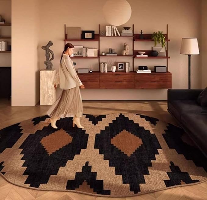 Machine Washable Black Brown Irregular Shaped Area Rug 6x8 Retro Aesthetics Irregular Rug for Living Room Bedroom Farmhouse Non Slip Indoor Carpet Unique Designer Playroom Nursery Easy Clean Mats
