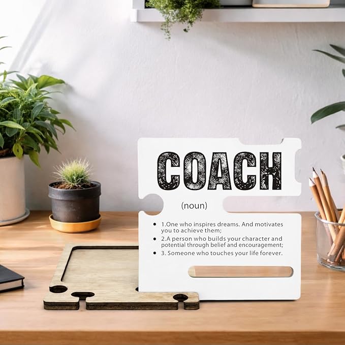 Appreciation Gifts for Coach - Multi-functional Desk Organizer - Motivational Amazing Coach Office Quote Wooden Sign for Office Desk Shelf Decor