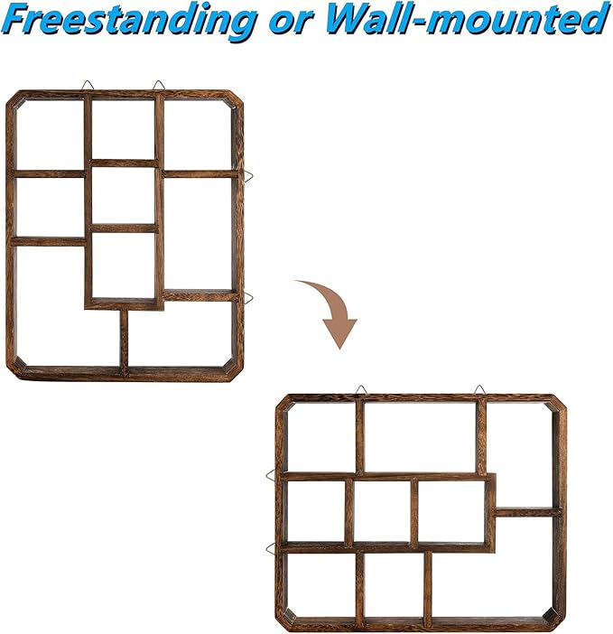 Frcctre Rustic Shadow Box Display Shelf, 9 Compartments Wood Hanging Display Floating Shelves, Multi-Slot Wall Mounted or Freestanding Farmhouse Decor Displays Case