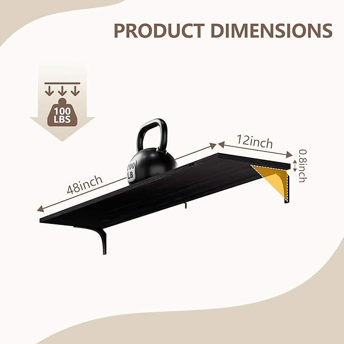 12 Inch Deep Floating Shelves Set of 2, 48 Inch Wide Black Solid Wood Wall Shelves, 100 lbs Heavy Duty Farmhouse Wall Mounted Shelving for Kitchen, Living Room & Bedroom