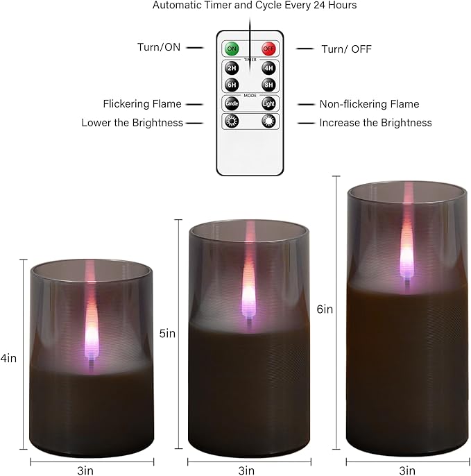 kakoya Flameless Candles Upgraded Realistic Flickering Flame,Battery Operated LED Candles with Remote Timers,Acrylic Electric Candles Set of 3(D 3" xH 4" 5" 6")（Grey）