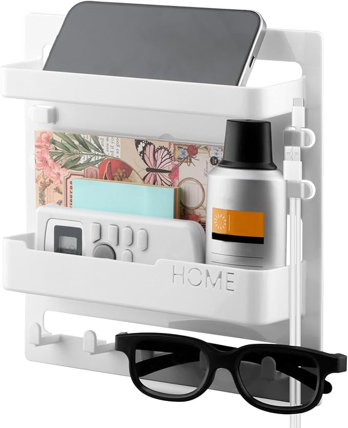 Bedside Shelf Wall Mount and Wall Nightstand for Bedroom,Adhesive Nightstand Wallshelf with 5 Hooks,Wall Mount Shelf Organizer for Charging Station and Remote Control Holder(White)