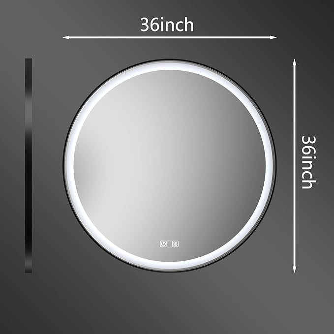 Itrue 36 Inch LED Bathroom Round Mirror, Black Metal Frame, Adjustable Color Temp & Brightness,Anti-Fog,Shatter-Proof Tempered Vanity Mirror for Wall