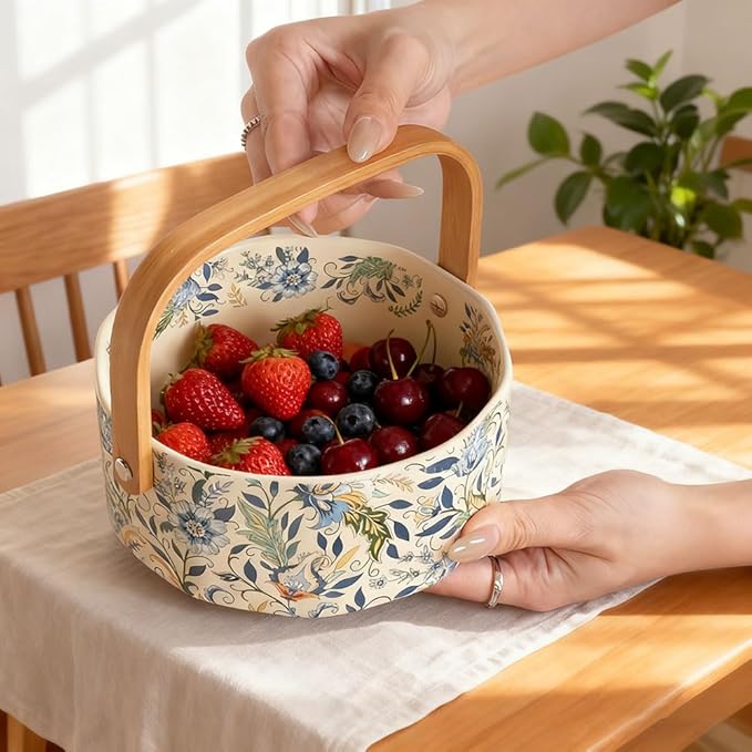 Ceramic Candy Bowl with Wood Handle Candy Dish Wedding Decorative Serving Bowl,Easter Basket,Kitchen Dining Table Office Decor(White)