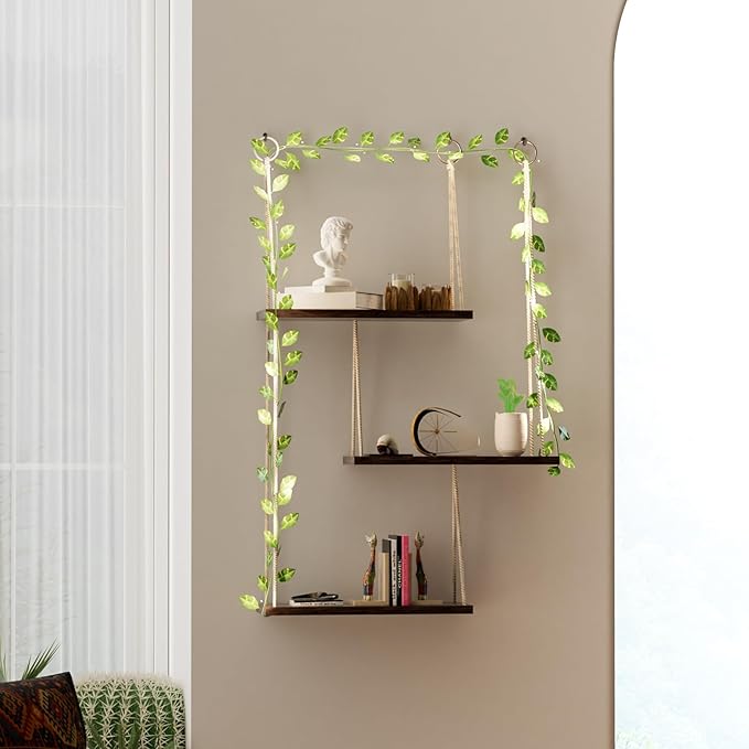 Hanging Shelves for Wall, 3 Tier Boho Wall Decor Hanging Shelf with Vine Lights, Rope Rustic Wood Floating Shelves Floral Plant Decor for Bedroom Living Room Dorm Office Women