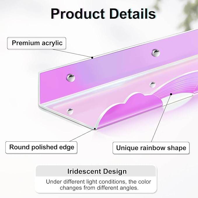 Iridescent Rainbow Acrylic Floating Shelves,15in Kids Wall Mounted Nursery Bookshelves, Display Ledge for Books Toys Cosmetic, Bathroom Bedroom Living Room Wall Decor and Storage, 2 Pack