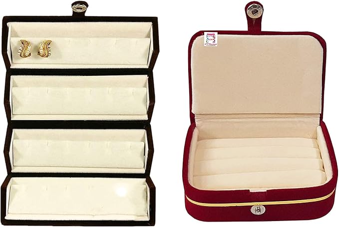 atorakushon Combo Cream Multipurpose Velvet Folder Earring & Ring Box case Jewellery Organizer Pouch Travelling Box