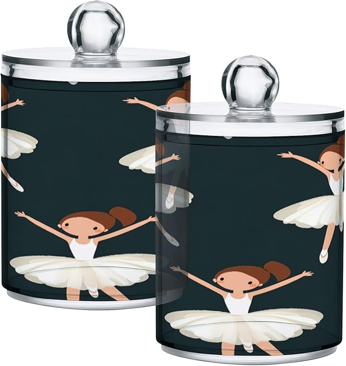 Nander 2Pack Girl Dancing Ballet Qtip Holder Dispenser -Clear Plastic Apothecary Jars Set - Restroom Bathroom Makeup Organizers Containers for Cotton Swab, Ball, Pads, Floss