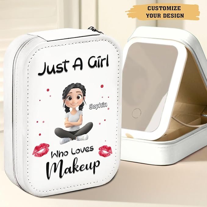 Wrappiness Women & Girls Floral Makeup Box With LED Mirror - Personalized Birthmonth Flower Travel Jewelry Organizer Gift for Daughters Sisters on Birthday (A Girl Loves Makeup, Toddler Girls)