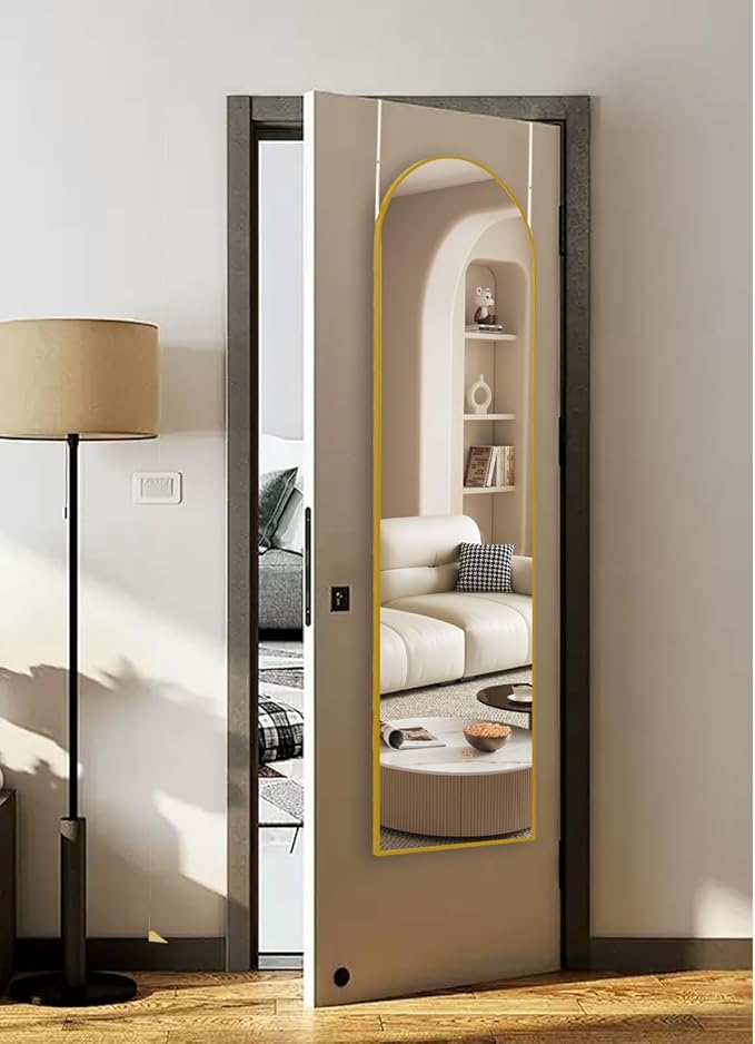 DMWOODFL Arched Over The Door Mirror 50x16 Full Length Hanging Mirror with Adjustable Height, Space-Saving, Shatterproof Tempered Glass & Aluminum Alloy Frame for Bedroom, Dorm, Entryway, Gold