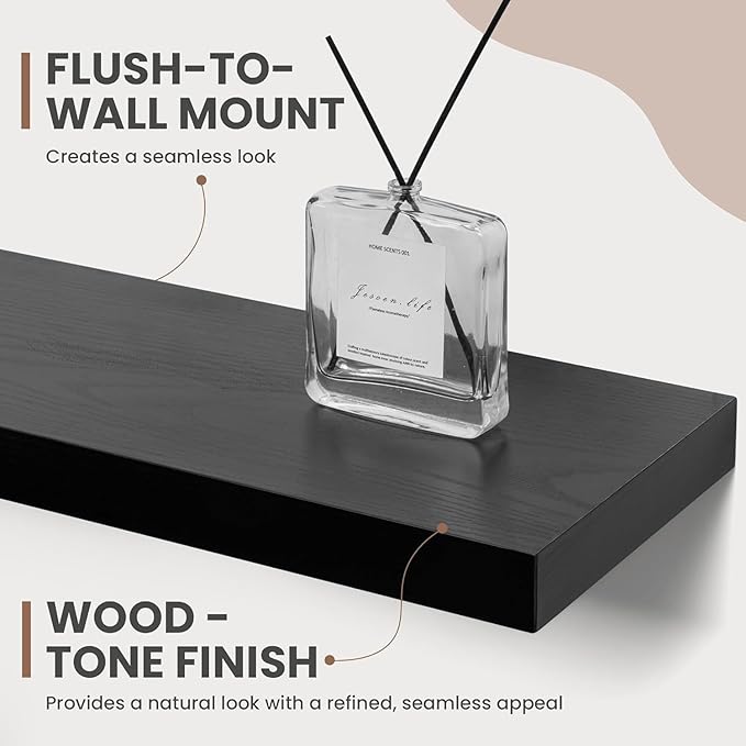 Acovy 72 Inch Floating Shelves, 8 Inch Deep Floating Shelves for Wall, Hanging Shelf with Invisible Brackets, Deep Shelves for Bathroom, Bedroom, Living Room, Black, Set of 2