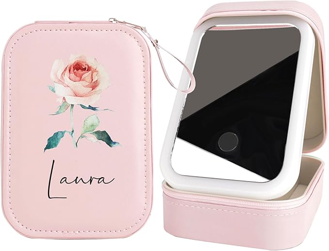 Personalized Birth Flower Travel Jewelry Box with Mirror Custom Name Travel Makeup Case with Led Mirror Small Travel Jewelry Case Organizer with Light Up Mirror for Women Mom
