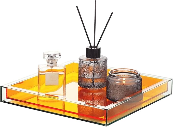 Creative Acrylic Decorative Tray, 10"x10" Modern Decorative Trays Jewelry Perfume Makeup Organizer Clear Square Bathroom Sink Vanity Tray for Bathroom, Vanity, Serving, Coffee Table, Living Room