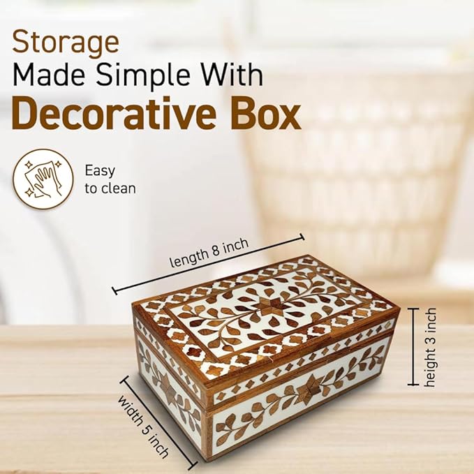 Perilla Home Home Decor Decorative Storage Wooden Box Small Floral Organizer Tool Stash Card Craft Treasure Trinket Memory Keepsake Jewelry Box for Men and Women, Gifts For All, Brown and Off White