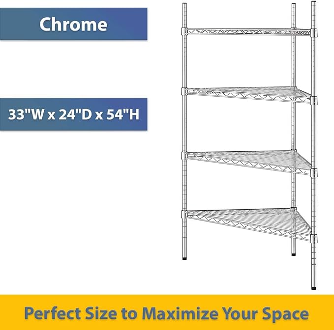 33" W x 24" D x 54" H NSF Chrome Triangle Heavy Duty Corner Shelving Kit, 4-Shelf Adjustable Wire Rack