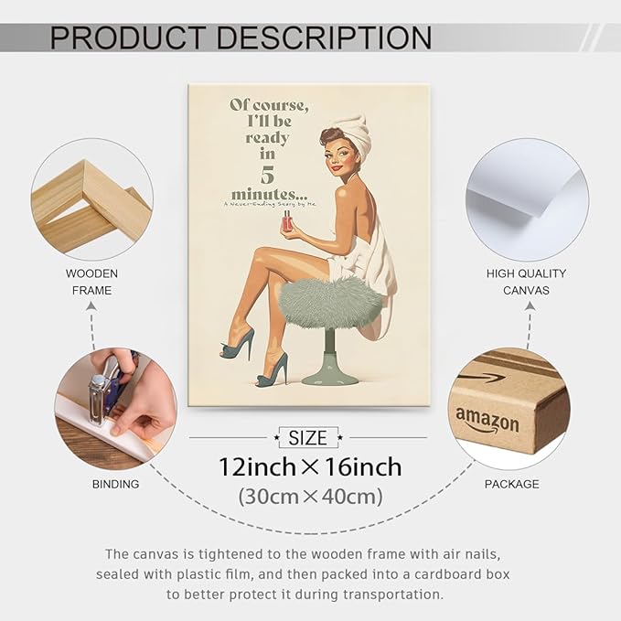 Boho Sage Green Bathroom Poster Vintage 70s Pin Up Girl Wall Art 12X16 inch Framed Of Course I'll Be Ready in 5 Minutes Canvas Prints for Toilet Lavatory Wall Decor