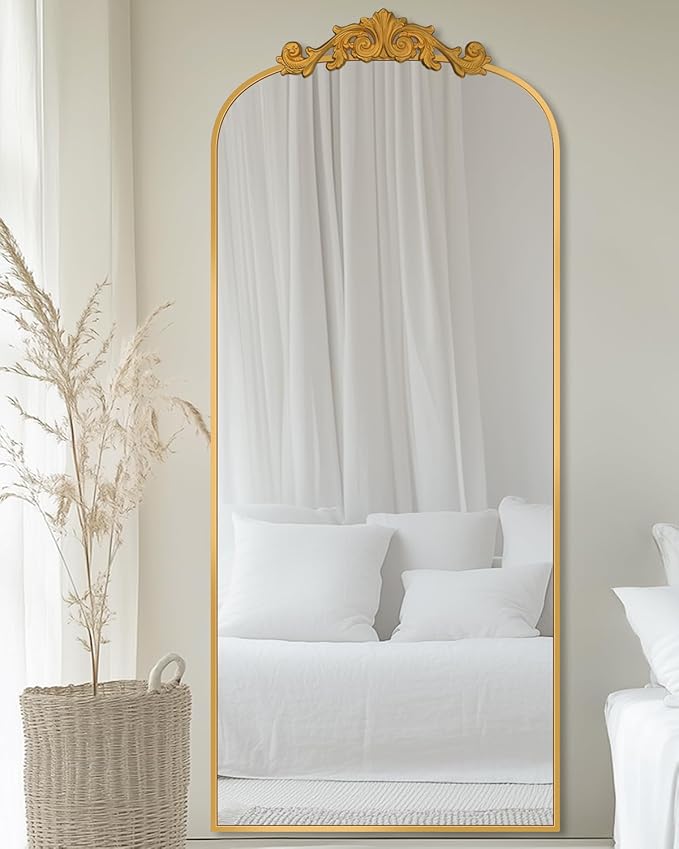 Antok Arched Full Length Mirror, 65"x24" Floor Mirror with Carved, Full Body Mirrors for HomeDecor, Standing/Halling Large Wall Mirror for Bedroom, Living Room, Cloakroom, Gold, Retro Style