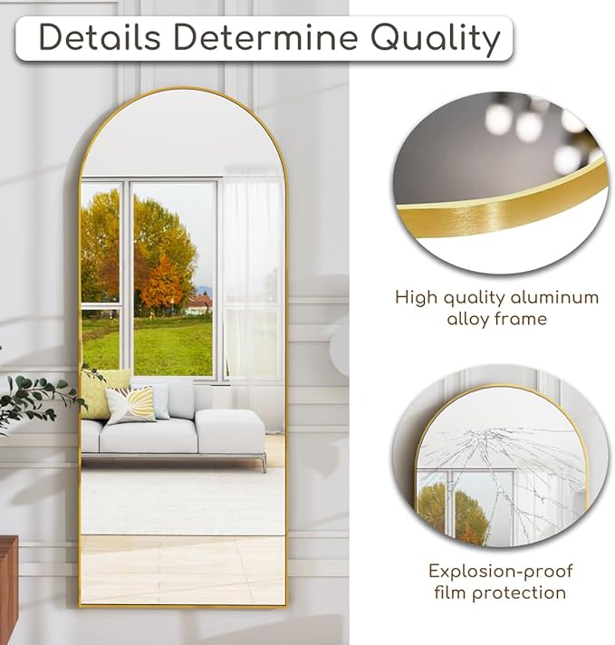 Prywot Arched Full Length Mirror, 70"x26" Free Standing Floor Mirror, Modern Full Body Mirrors with Stand, Wall Mirrors with Aluminum Alloy Frame for Bedroom,Living Room, Gold