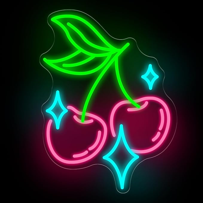 Cherry Bling Neon Sign Aesthetic LED Wall Light for Bedroom Bar Sign, Cute Fruit LED Light, Retro Vintage Dormitory Room Decor, Gift for Her, 16.5"x12.4"