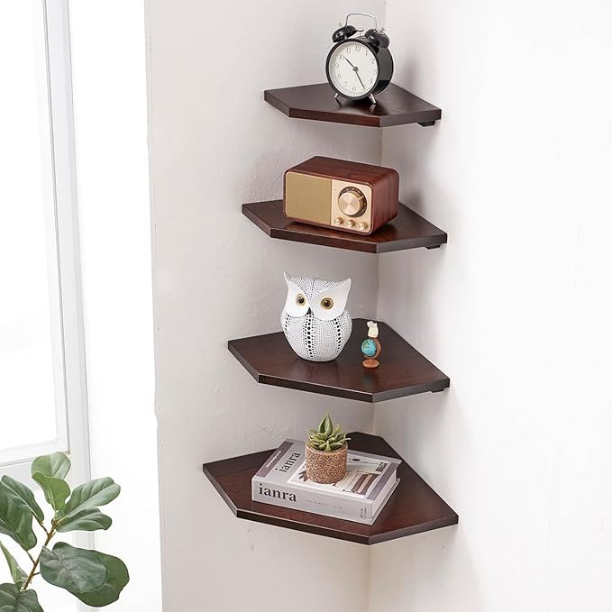 Corner Wall Shelves, Corner Floating Shelves Set of 2 Solid Oak Wood Display Shelf with Wire Hole Small Plant for Kitchen Living Room Dark Walnut 13.5inch