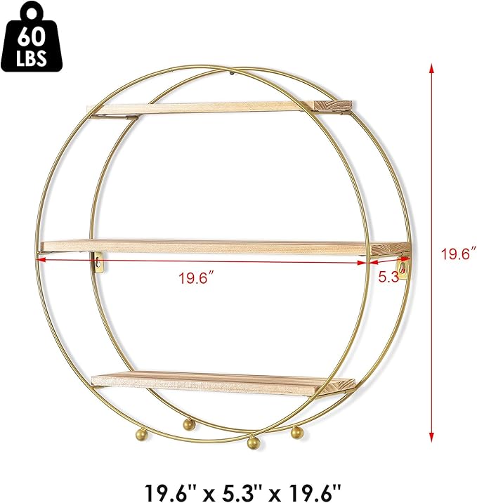 Joveco Round Wall Shelf Gold, 3 Tier Metal & Wood Circle Shelf Set, Round Shelves Wall Decor for Living Room,Bedroom,Bathroom (Gold)
