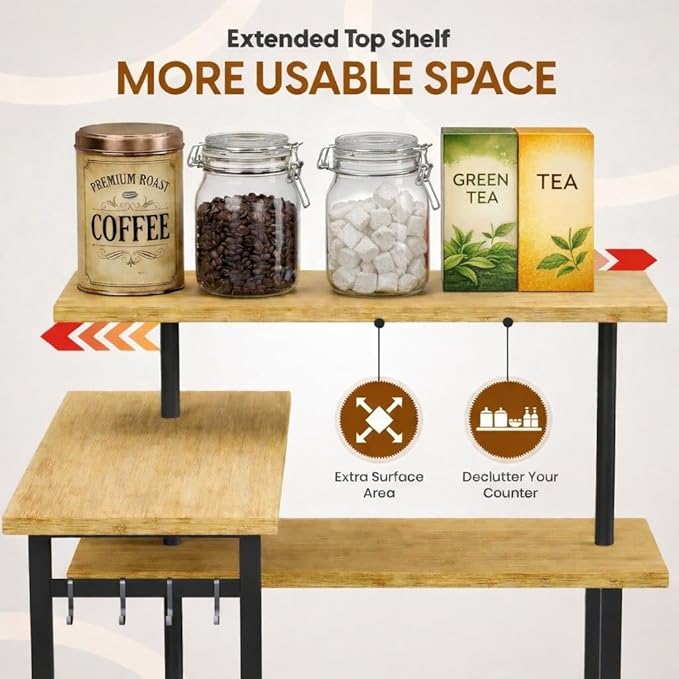 3-Tier Bamboo Corner Countertop Organizer with Extended Top Tier, Corner Shelf for Kitchen Counter, Coffee Bar Organizer, Bathroom Counter Organizer, Kitchen Corner Shelf, Space Saver
