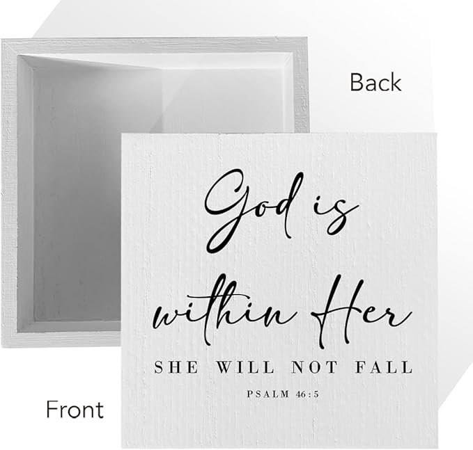 God Is Within Her Bible Verse Artwork Wooden Box Sign Rustic Farmhouse Style Psalm 46:5 Christian Wood Block Plaque 5 X 5 Inches Home Office Desk Sign Decor for Gifts