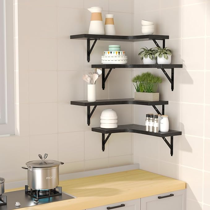ROMGUAR CRAFT Corner Floating Shelves Wall Mounted Set of 4, Rustic Wood Storage Display Wall Shelves for Home Decor, Bathroom, Kitchen, Bedroom, Living Room, Office (Black)
