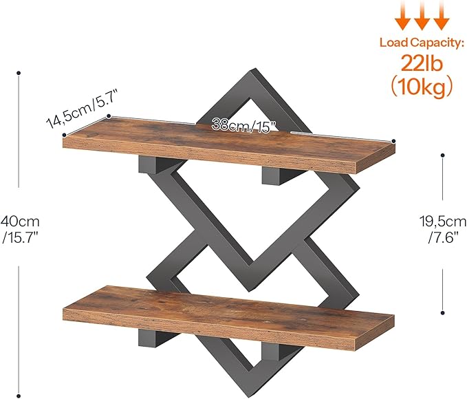 HOOBRO 15" Floating Shelves for Wall, Set of 2 Wall shelf, 2-Tier Hanging Shelves, Wall Mounted Storage Shelf, Display Rack, for Living Room Bedroom Kitchen Bathroom, Rustic Brown and Black BF14BJP201