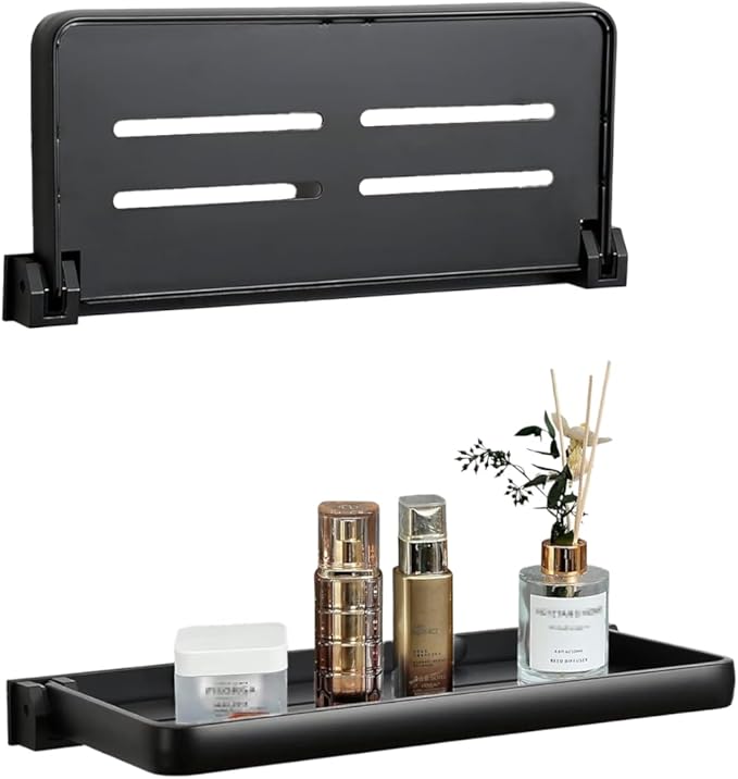 RV Fold-Down Wall Shelf, 2 pcs Aluminum Folding Shelf, 90° Space-Saving Camper Bathroom & Kitchen Organizer, Dual Installation (No-Drill or Screws), Waterproof, Rustproof(Black)