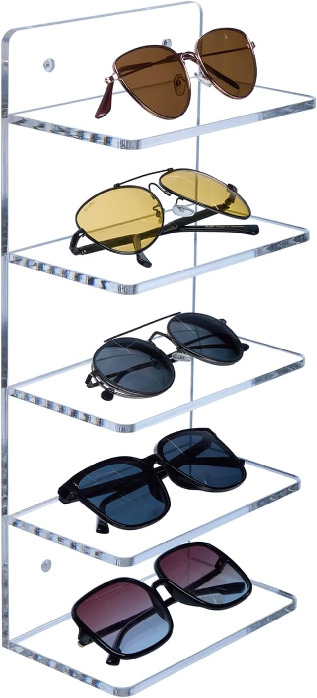 MyGift 5 Tier Premium Clear Acrylic Sunglasses Holder Rack, Wall Mounted Eye Glasses Shelf or Tabletop Display Stand, Retail Eyewear Showcase Storage Organizer