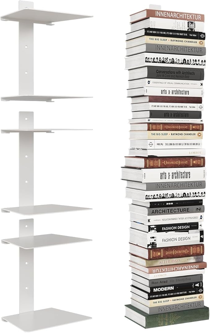 Wawocs Invisible Bookshelf for Wall, 6 Tier Floating Bookshelf Made of Heavy Duty Metal, Vertical Spine Book Tower Hanging Wall Bookshelf, Floating Book Shelves for Wall, 3 Pack White