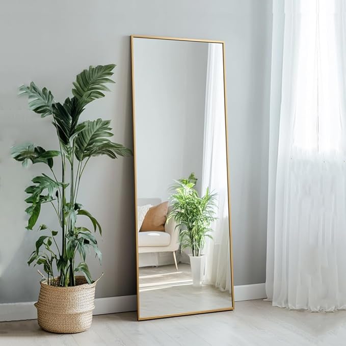 Sunniry Gold Mirror Full Length, Floor Length Mirror with Aluminum Metal Frame, Standing Mirrors for Bedroom, Livingroom, Bathroom, Hallway, Cloakroom, Wedding. (56x16 inch, Gold)