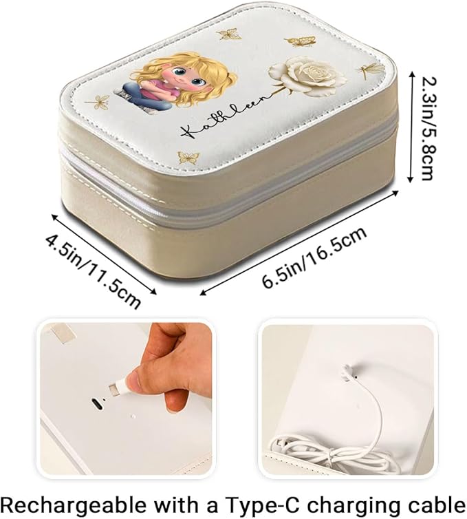 Wrappiness Women & Girls Floral Makeup Box With LED Mirror - Personalized Birthmonth Flower Travel Jewelry Organizer Gift for Daughters Sisters on Birthday Christmas Graduation Wedding