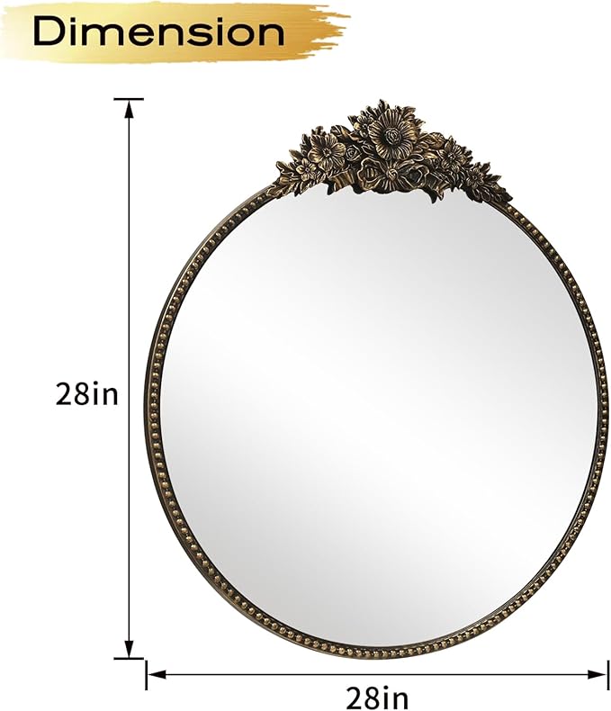Vintage Round Mirror, 28" Baroque Style Circular Mirror, Antique Metal Frame Wall Mirror, Traditional Art Home Decor for Dressing Table, Bathroom or Bedroom,Retro Black