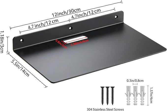 Small Wall Shelf,3.0mm Aluminum Alloy Small Floating Shelf,for Bathroom, Bedroom, Living Room, Kitchen,Office(12’ Floating Shelf with Hole)