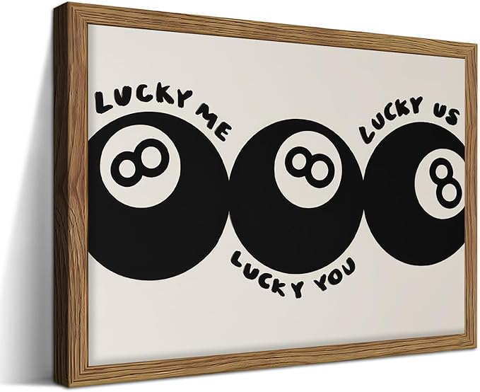 Trendy Black 8 Ball Wall Art, Funny Lucky You Y2k Canvas Wall Decor Painting, Funky Cool Billiards Posters Prints Pictures for Living Room Bedroom Apartment Dorm Room Decor 16x24 Inch Wood Framed
