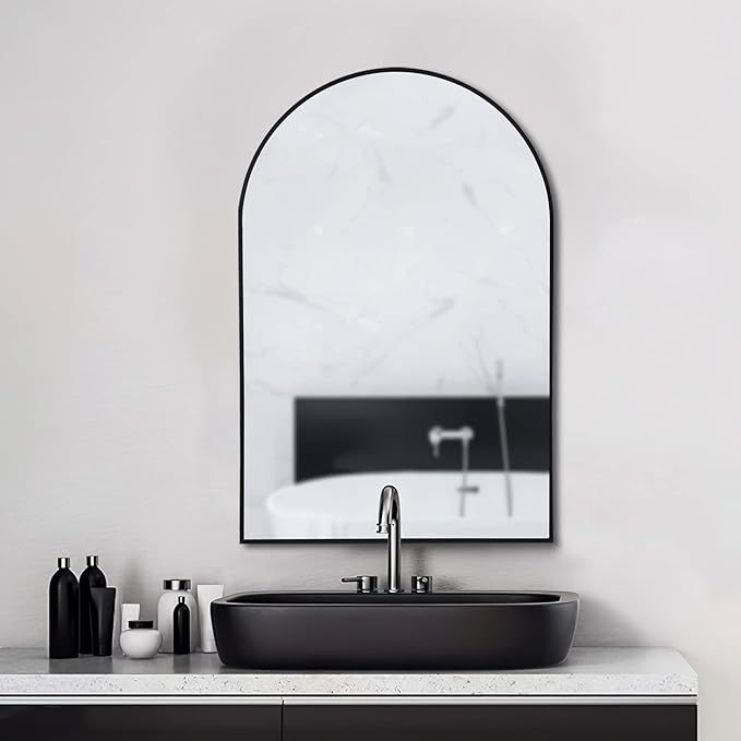 NeuType 36"x24" Arched Wall Mirror, Small Full Length Mirror Hanging or Leaning Against Wall, Dressing Mirror Make-up Mirror for Living Room, Bedroom, Bathroom, Aluminum Alloy Thin Frame, Black