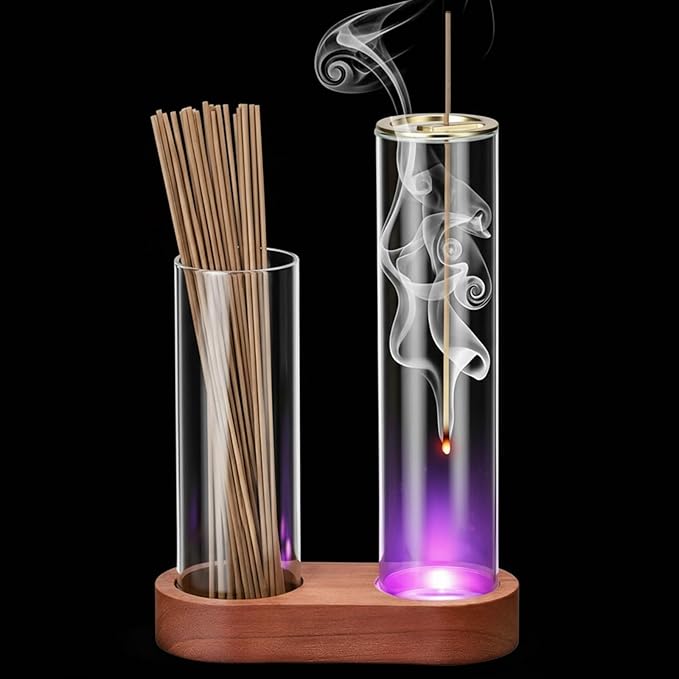 Glass Glowing Incense Holder, Incense Sticks Burner Holder with Storage, Hang Upside Down Incenses Holders for Sticks with Glass Ash Catcher for Meditation Yoga Spa Room Decor