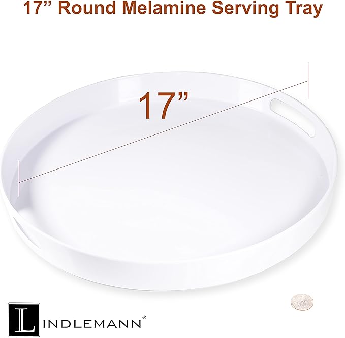 White Serving Tray Large Melamine Platter Round Breakfast Trays with Handles for Coffee Table Ottoman Living Room Home Décor Holiday Celebration & Party (17")