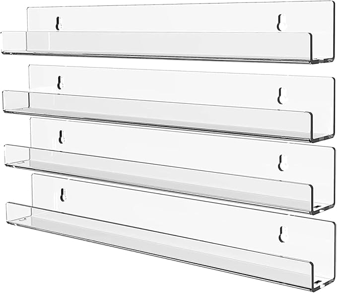 KLGO 4 Pack 15 Inch Acrylic Invisible Kids Floating Bookshelf for Kids Room,Modern Picture Ledge Display Toy Storage Wall Shelf,Clear (4 Pack)