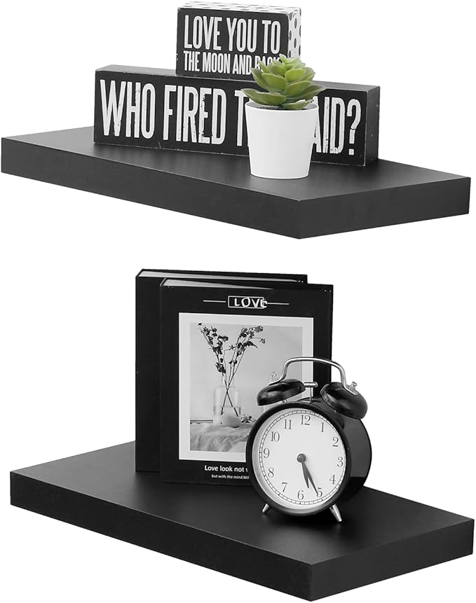 WELLAND Set of 2 Floating Shelves Wall Mounted Shelf, for Home Decor with 8" Deep (Black, 15 inch)