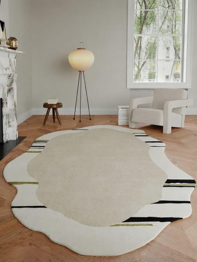 Mid Century Modern Irregular Rug 8x10 Beige Cream Black Lines Border Irregular Shaped Area Rug for Living Room Bedroom Playroom Minimalist Abstract Boho Home Office Foldable Thin Comfort Carpet Mats