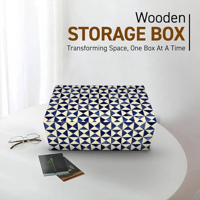 Perilla Home ﻿Home Decor Decorative Storage Wooden Box Small Rectangle Wooden Organizer Tool Stash Card Craft Book Treasure Trinket Memory Keepsake Jewelry Box Jestor Gifts For All Blue and off white