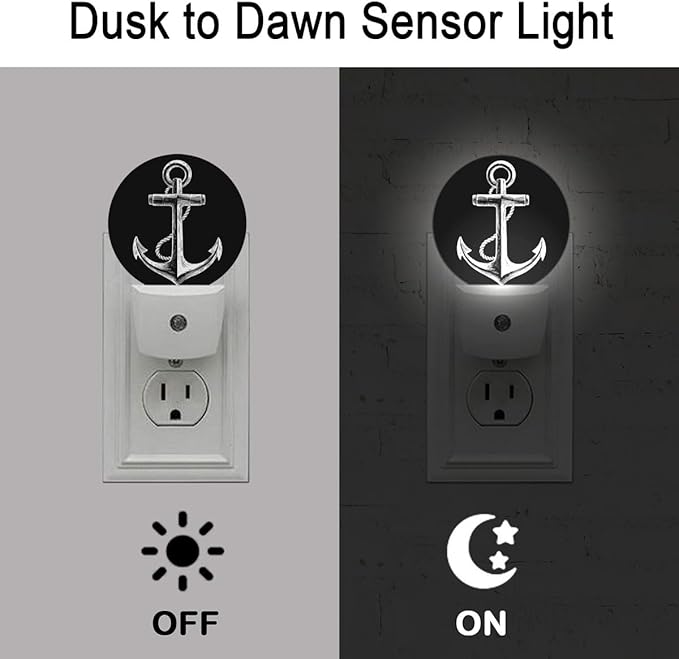 Nautical Anchor Black Night Light Plug Into Wall Auto Led Sleep Round Lamp for Living Room Hallway Stairs