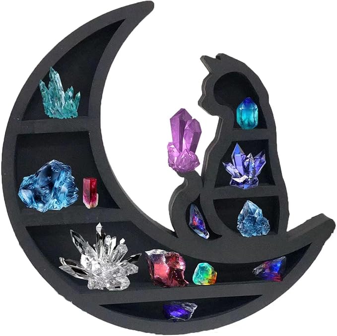 Wooden Moon Shelf for Crystals Display, Rustic Wooden Fairy Shelf for Crystals, 14In Large Wall Mounted Crystal Display Gothic Witchy Home Decor (Moon cat)