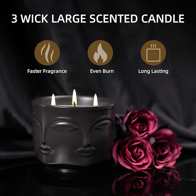 Viyffo 20oz Large Black Scented Candle - Spring Forest & Green Tea, 3 Wick Non Toxic Soy Candle for Women & Men, Unique Funny Matte Ceramic Jar, Luxury Home Fragrance, Décor & Premium Birthday Gift