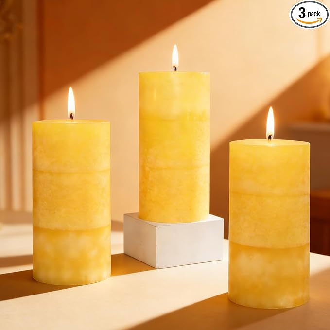 3 x 6 Inches Pillar Candles Lemon Scented Yellow Decorative Rustic Candles Citrus Scent Clean Burning Hand-Poured Large Candles Decorative for Home Aesthetic Relax Spa Bathroom