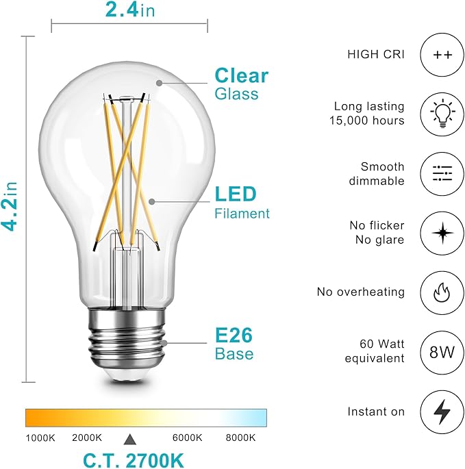 TJOY 6 Pack A19 Vintage LED Edison Bulbs, Dimmable Light Bulb 60W Equivalent, High Brightness 2700K Warm White, 8W E26 Standard Base, 800Lumens, CRI80+, Clear Glass Filament Bulb for Home, Farmhouse
